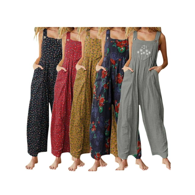 Women Boho Printed Casual Overalls Loose Baggy Bib Pants Jumpsuit