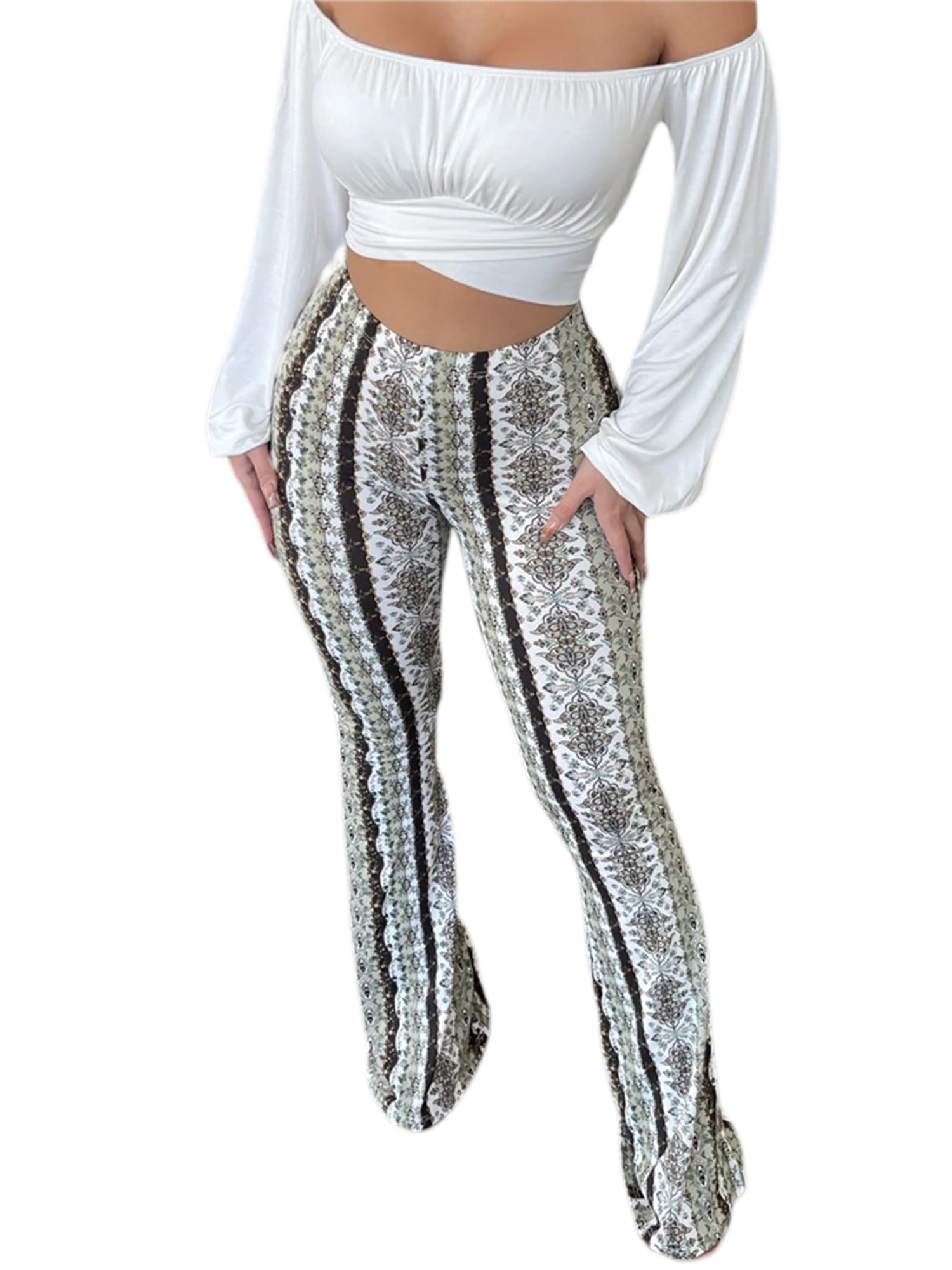 Women Boho Printed Flared Trousers Hippie High Waist Printed Wide Leg Long Flared Bell Bottom Pants Walmart