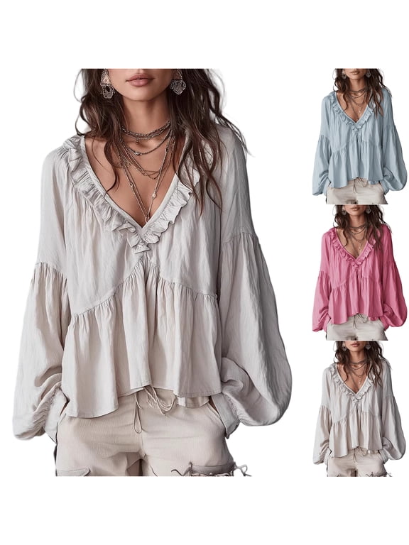 Women Boho Ruffle Blouse V Neck Long Sleeve Peasant Top Loose Fit Flowy Babydoll Shirt for Casual Summer Beach White M