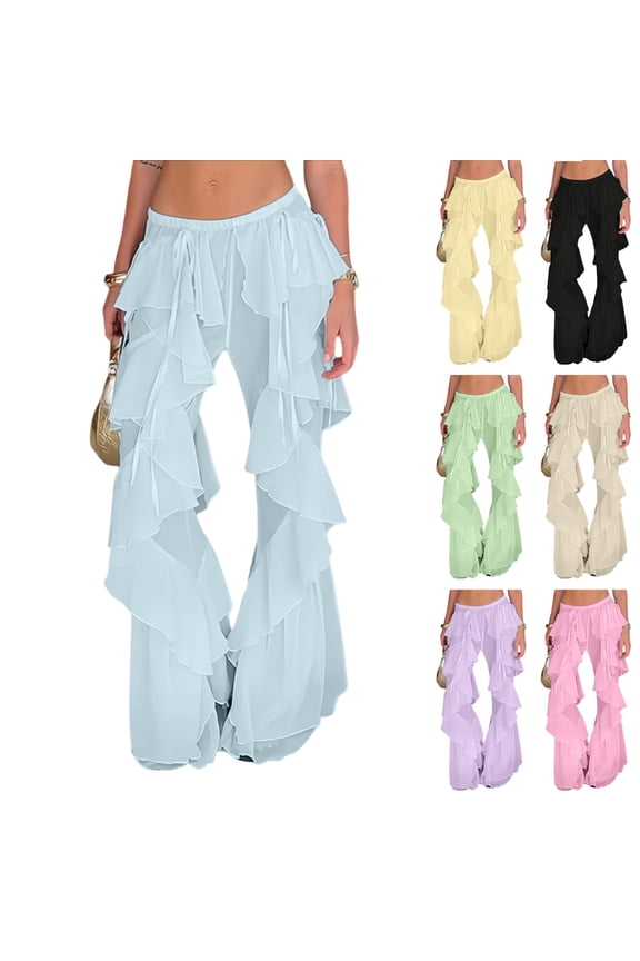 Women Boho Ruffle Mesh Pants Sexy Flare Beach Cover Up Pants Sheer Going Out Bottom Pool Party Festival Rave Vacation