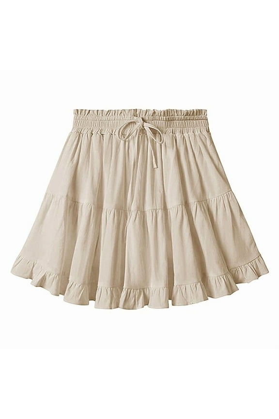 Women Boho Ruffled Tiered Swing Beach Skorts Drawstring High Waisted Tennis Golf Y2K Short Skirt Beige M
