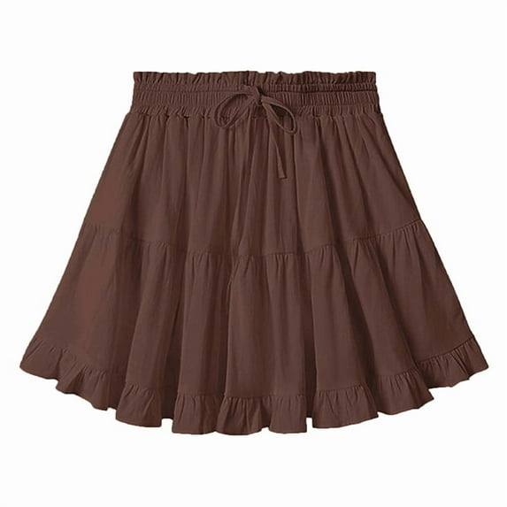 Women Boho Ruffled Tiered Swing Beach Skorts Drawstring High Waisted Tennis Golf Y2K Short Skirt Brown XL