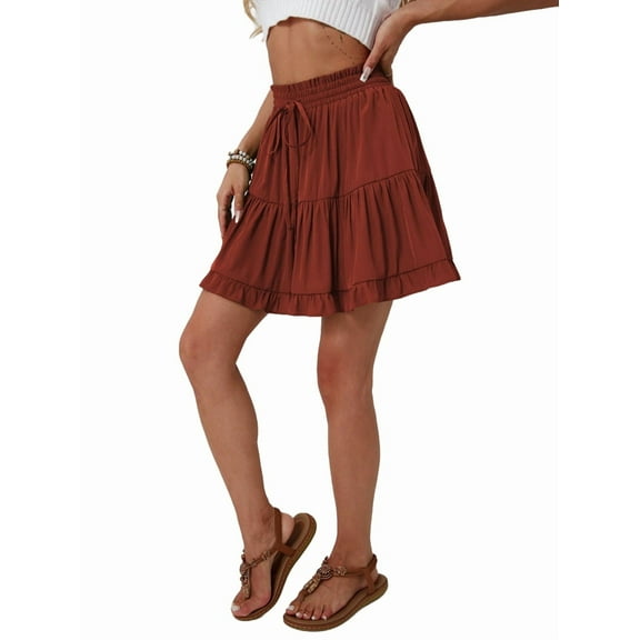 Women Boho Ruffled Tiered Swing Beach Skorts Drawstring High Waisted Tennis Golf Y2K Short Skirt Orange Color M