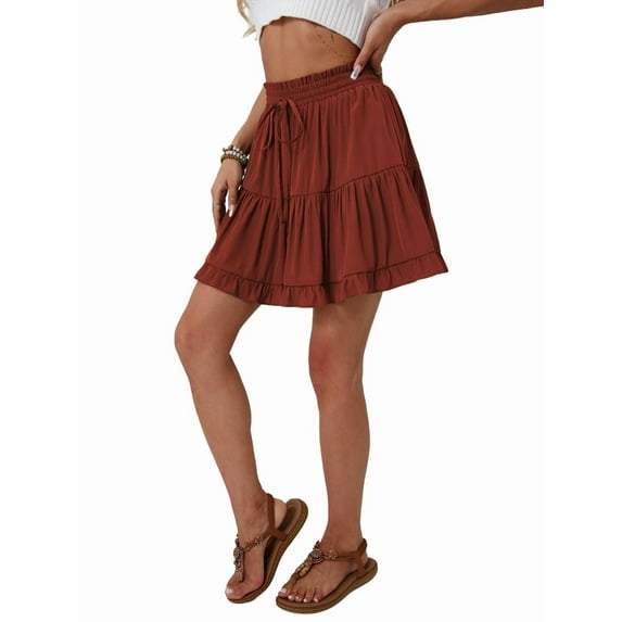 Women Boho Ruffled Tiered Swing Beach Skorts Drawstring High Waisted Tennis Golf Y2K Short Skirt
