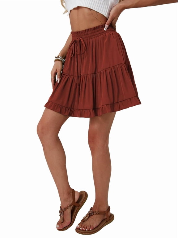 Women Boho Ruffled Tiered Swing Beach Skorts Drawstring High Waisted Tennis Golf Y2K Short Skirt