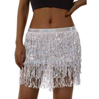 Tiaobug Women Shiny Sequins Tassels Carnival Rave Performance Belly Dance  Costume Halter Bra Tops With Hip Scarf Wrap Skirt Set