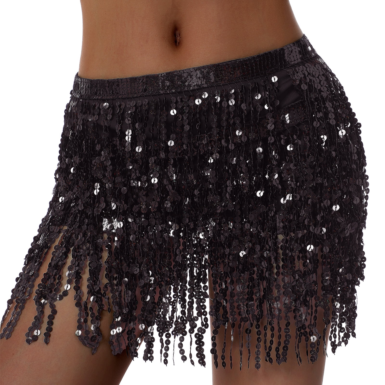 Women Boho Sequin Tassel Hip Scarf Fringe Belly Mini Skirt Rave Party Dance  Performance Costume Sparkly Festival Clothing 