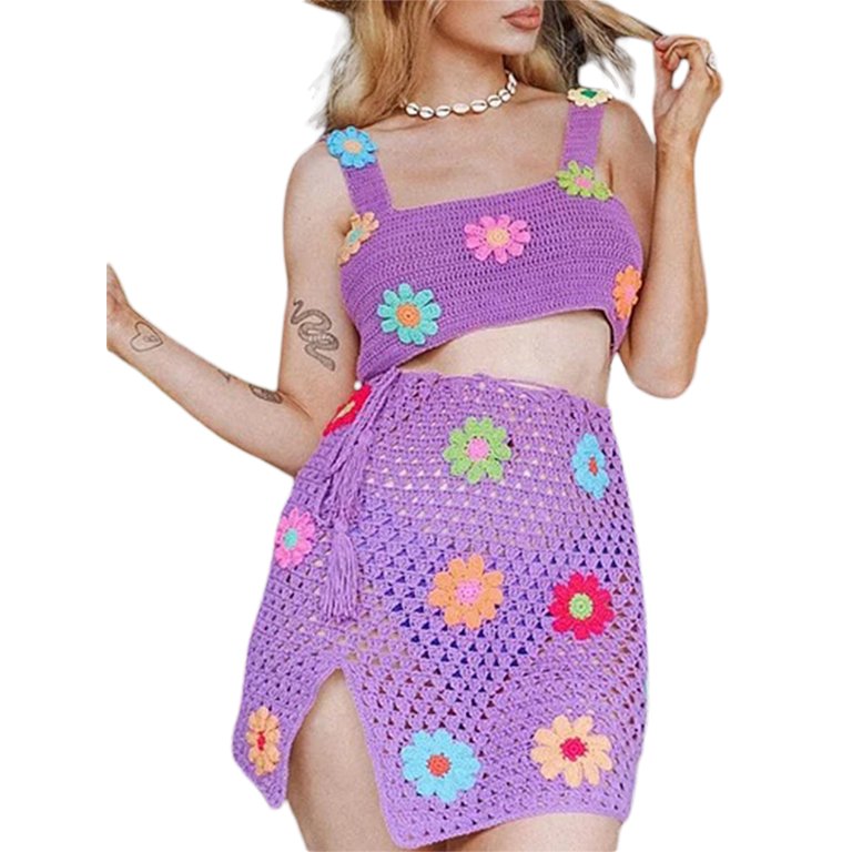 Women Boho Sleeveless Y2K Floral Knitwear Dress Outfits Crop Top+Crochet  Drawstring Skirt Sets
