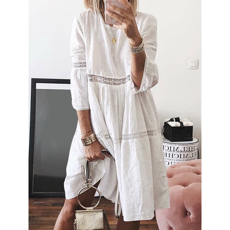 Women Boho Solid Neck Dresses Hollow Out Splice 3/4 Sleeve Mid-Long Dresses  Summer Casual Dresses for Women Knee Length Misses Dresses Casual Petite  Summer Dresses for Women Petite Length Dresses - Walmart.com