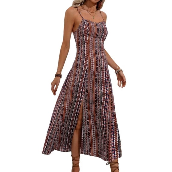 Women Boho Spaghetti Strap Maxi Dress Printed A Line Slit Flowy Summer Dress S