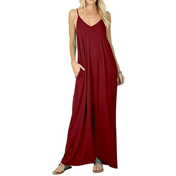 Women Boho Spaghetti Strap Sleeveless Casual Baggy Long Maxi Dresses Loose V-neck Evening Party Holiday Beach Sundress