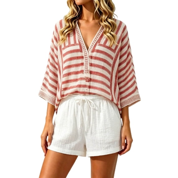 Women Boho Striped Linen Blend 2 Piece Outfit Set, V Neck Batwing Sleeve Loose Top Elastic Waist Casual Shorts For Summer Beach Vacation