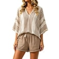 thumbnail image 1 of Women Boho Striped Linen Blend 2 Piece Outfit Set, V Neck Batwing Sleeve Loose Top Elastic Waist Casual Shorts For Summer Beach Vacation, 1 of 6