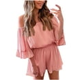 thumbnail image 1 of Women Boho Summer Chiffon Romper Casual Solid Color Off Shoulder Strapless Ruffle Half Sleeve Shorts Jumpsuits Womens Clothes, 1 of 5