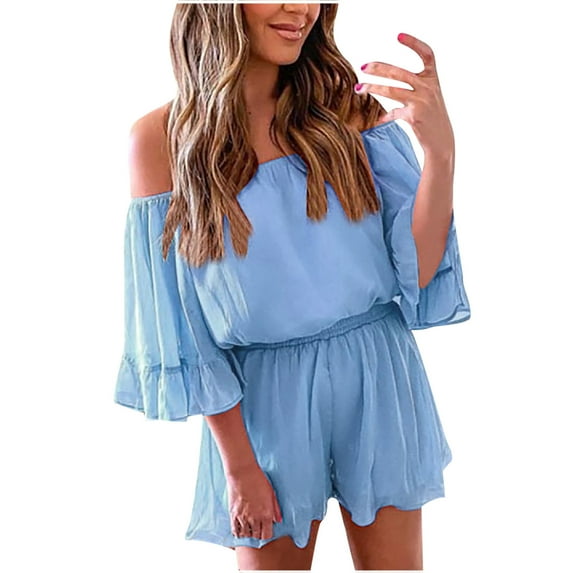 Women Boho Summer Chiffon Romper Casual Solid Color Off Shoulder Strapless Ruffle Half Sleeve Shorts Jumpsuits