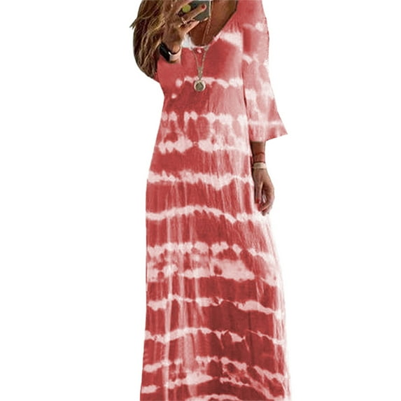 Women Boho Sundress Gradient Stripe V Neck Long Sleeve Long Maxi Casual Cocktail Party Beach Dress
