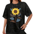 thumbnail image 1 of Women Boho Sunflower Leaf Graphic Tees T Shirt Tops Round Neck Printed Cotton Washed T Shirt Black S-2XL Plus Size, 1 of 5
