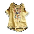 thumbnail image 1 of Women Boho Tops and Blouses Short Sleeve Floral Embroidered Summer Shirts Round Neck Cotton Linen Tunic Top Shirt Yellow 3XL, 1 of 4