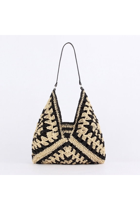 Women Boho Woven Handbag Summer Beach Tote Straw Bag Round Rattan Shoulder-Black