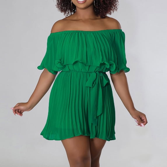 Women Boho off Shoulder Romper Flowy Tie Waist Flared Pleated Short Jumpsuit Elegant Strapless Wide Leg Party Playsuit, Green, L