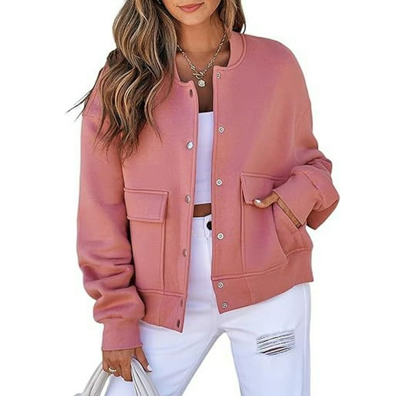 Women Bomber Jacket Casual Button Down Varsity Jackets Shackets With Pockets OutwearHot Pink 2XL