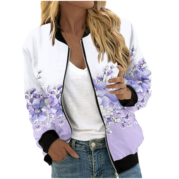 Women Bomber Jacket Casual Long Sleeve Hoodless Casual Zip Up Jackets with Pockets Outwear