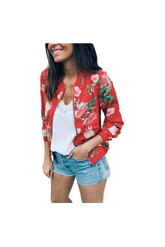 Women Bomber Jacket Floral Print Lightweight Zip up Flight Top Long Sleeve Sport Jacket Utility Biker Jacket Transition Baseball Varsity Jacket Coat Ladies Winter Autumn