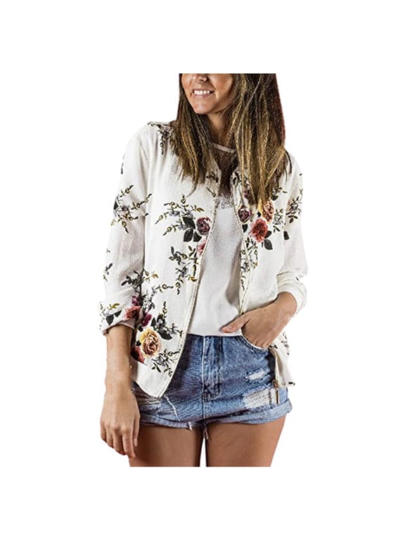 Women Bomber Jacket Floral Print Lightweight Zip up Flight Top Long Sleeve Sport Jacket Utility Biker Jacket Transition Baseball Varsity Jacket Coat Ladies Winter Autumn