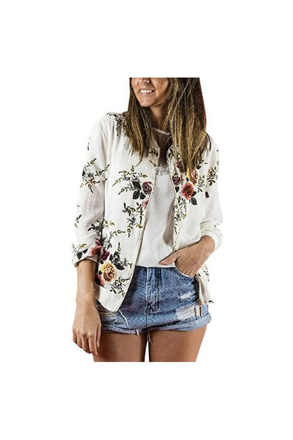 Women Bomber Jacket Floral Print Lightweight Zip up Flight Top Long Sleeve Sport Jacket Utility Biker Jacket Transition Baseball Varsity Jacket Coat Ladies Winter Autumn