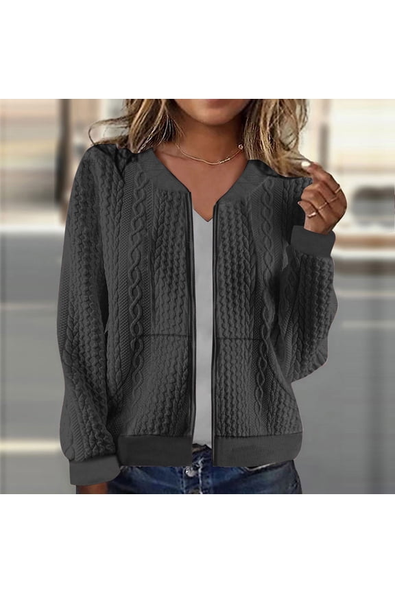 Women Bomber Jacket Full Zip Coat With Pockets Long Sleeve Casual Knit Cropped Spring Fall Outerwear (M, Dark Gray)