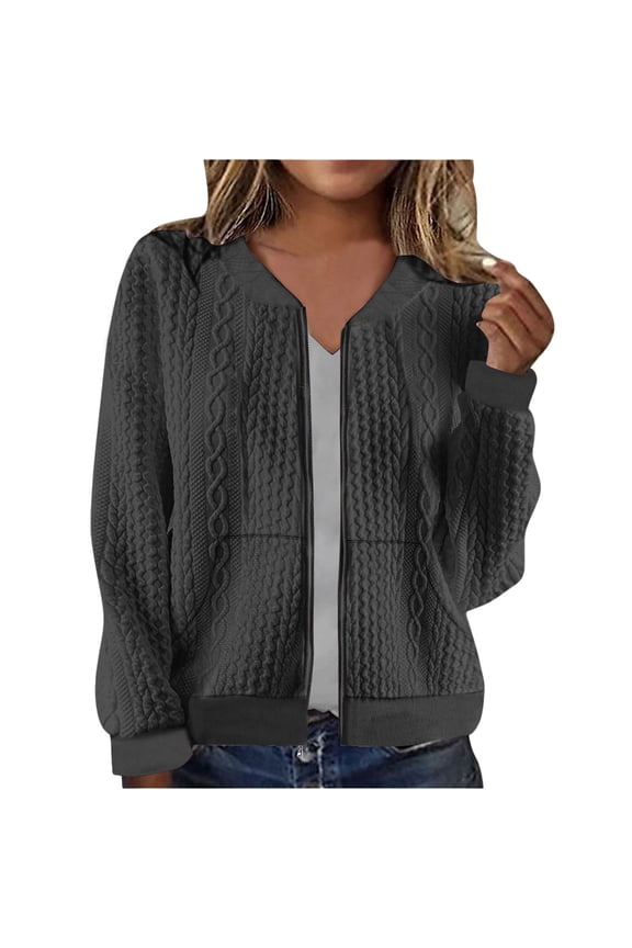 Women Bomber Jacket Full Zip Coat with Pockets Long Sleeve Casual Knit Cropped Spring Fall Outerwear, Dark Gray L