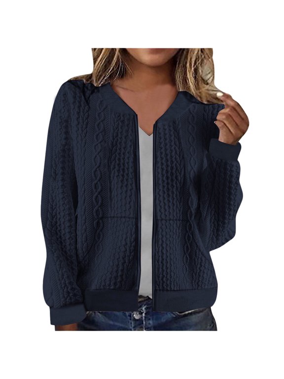 Women Bomber Jacket Full Zip Coat with Pockets Long Sleeve Casual Knit Cropped Spring Fall Outerwear, Navy M