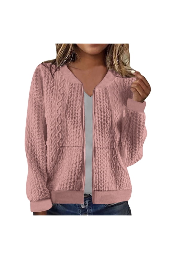 Women Bomber Jacket Full Zip Up Coat with Pockets Long Sleeve Casual Solid Cropped Outerwear (S, Hot Pink)