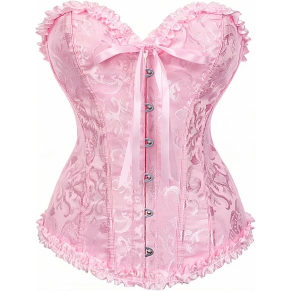 Women Boned Lace up Corsets Satin Flower Bustiers Top Overbust Shaper, Pink S