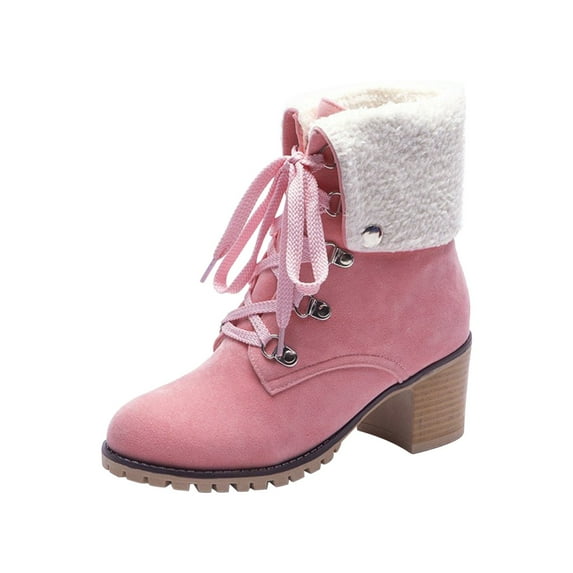 Women Booties Solid Color Casual Lightweight Square High Heels Pointed Toe Warm Fleece Suede Snow Ankle Boots,Pink Boots women size 7.5