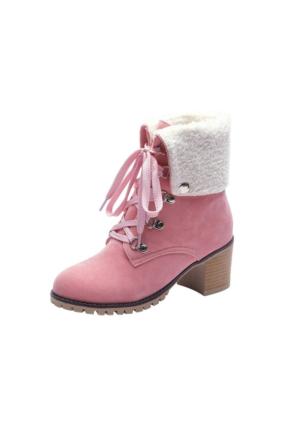 Women Booties Solid Color Casual Lightweight Square High Heels Pointed Toe Warm Fleece Suede Snow Ankle Boots,Pink Boots women size 9