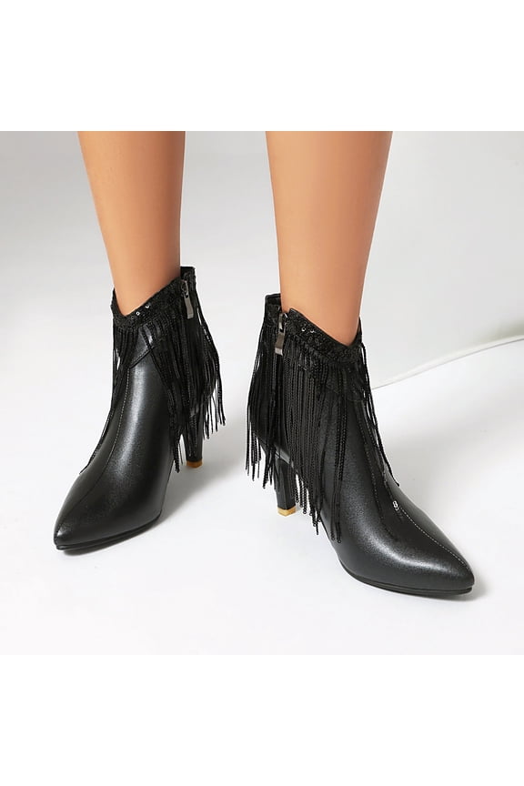 Women Boots Ankle High Fringe Short Boot Stiletto Pointed Toe Booties with Side Zipper (Black 36)