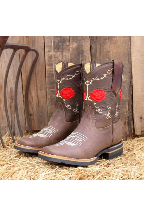 Women Boots Autumn Winter Boots Western Boots For Women Rose Flower Embroidery Cowboy Boots Mid Calf Heel Retro Pull On Boots