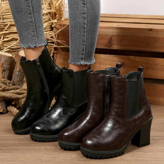 Women Boots Chunky Heel Round Toe Ankle Short Boots Casual Winter Warm Short Boots Solid Color Shoe for Women's Trendy Brown 9