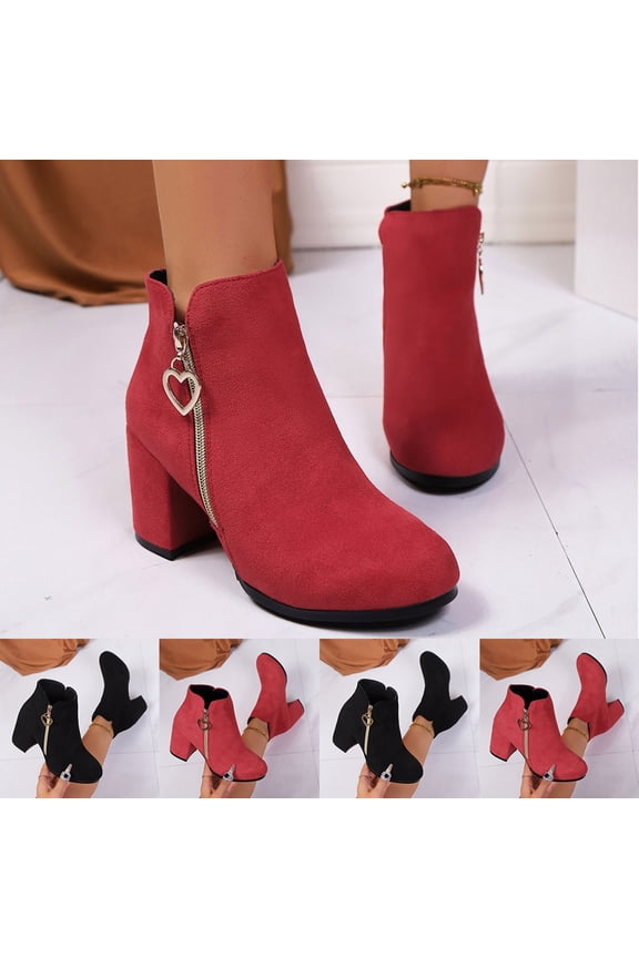 Women Boots Chunky Heel Round Toe Side Zipper Ankle Boots Women Trendy Casual Outdoor Dressy Winter Warm Shoes Thick Heel Short Booties Black 5.5