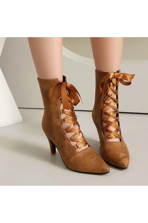 Women Boots Chunky Heels Lace Up Cute Bow Knot Cosplay Costumes Witch Medieval Mid Calf Boots Vintage Gothic Character Dance Lolita Shoes