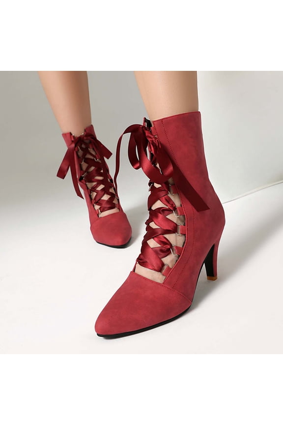 Women Boots Chunky Heels Lace Up Cute Bow Knot Cosplay Costumes Witch Medieval Mid Calf Boots Vintage Gothic Character Dance Lolita Shoes