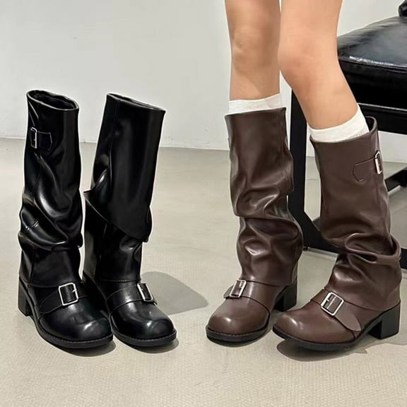Women Boots Chunky Low Heel Round Toe Mid Calf Boots Women's Fashion Casual Versatile Comfortable Booties Fall Winter Warm Shoes Brown 6.5