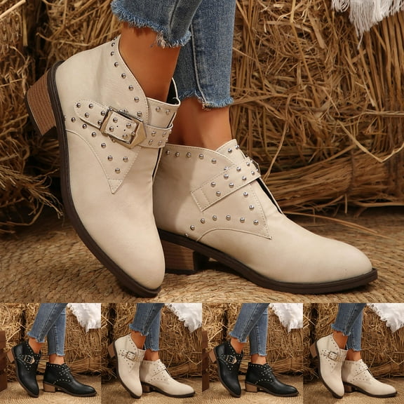 Women Boots Chunky Mid Heel Pointy Toe Ankle Booties Casual Outdoor Dressy Comfortable Short Boots Winter Shoes for Women Beige 6