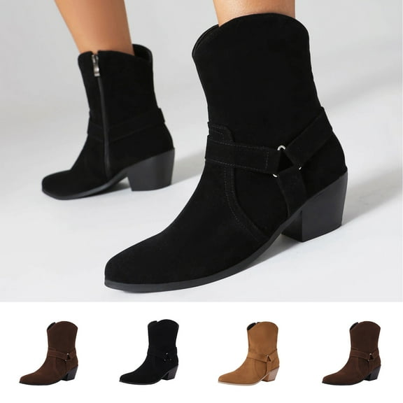 Women Boots Chunky Mid Heel Pointy Toe Ankle Booties Comfortable Vintage Warm Short Boots Womens Shoes Girls Ladies BootsCoffee 9.5