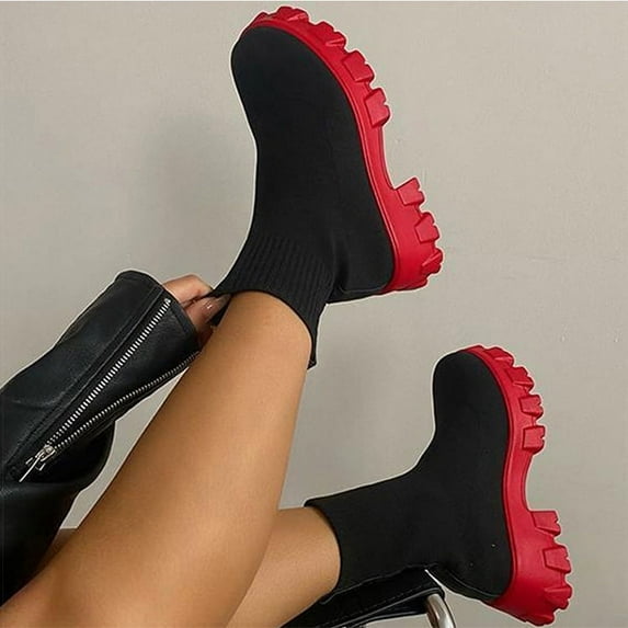 Women Boots Elastic Platform Boots Breathable Spring Summer Heels Botas Mujer Slip On Ankle Boots Elegant Woman Heeled Shoes (black red,36)
