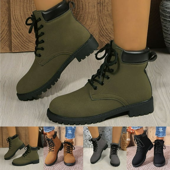 Women Boots Flat Heel Round Toe Lace-Up Dressy Ankle Boots Workwear Fashion Casual Warm Velvet Fall Winter Shoes for Women Army Green 9.5