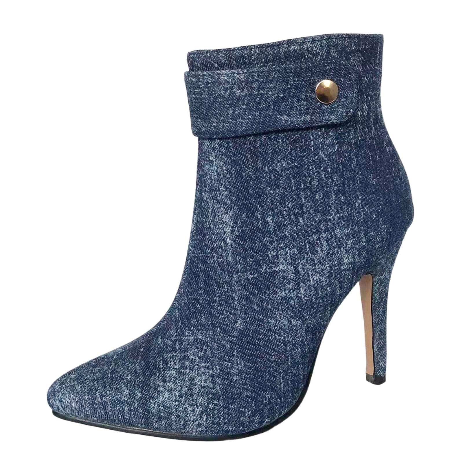 Women Boots High New Classic Versatile Solid Denim Dark Blue High Heels