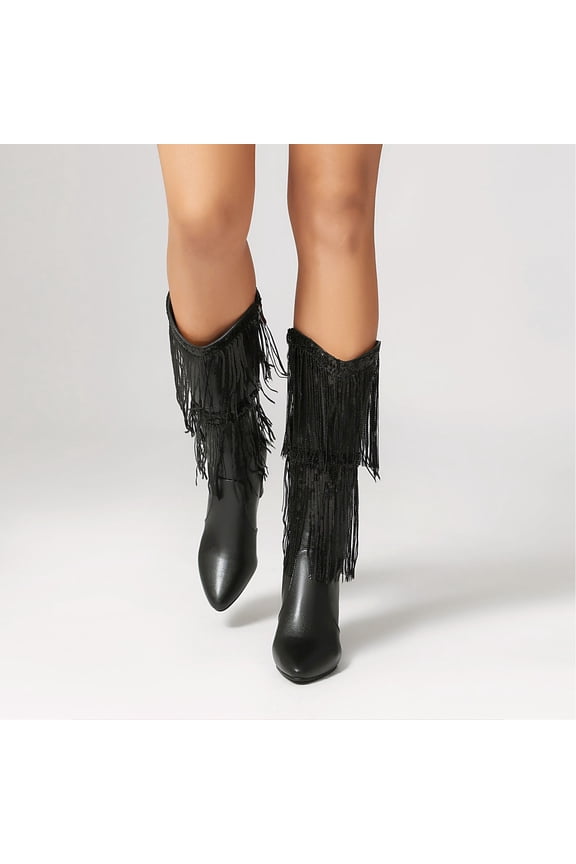 Women Boots Mid-Calf Fringe Boot Stiletto Pointed Toe Cowboy Boot with Side Zipper (Black 41)