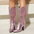 thumbnail image 1 of Women Boots Mid-Calf Fringe Boot Stiletto Pointed Toe Cowboy Boot with Side Zipper (Pink 36), 1 of 7